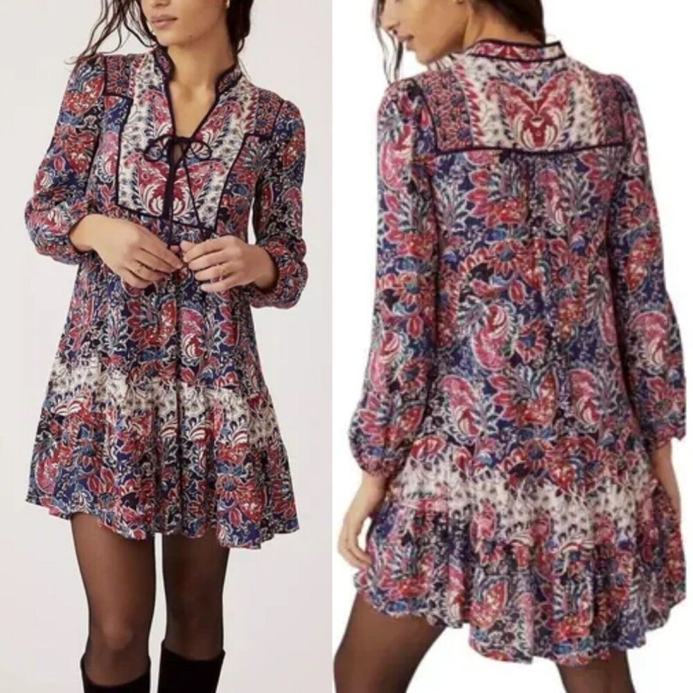 by Anthropologie Sz S Spliced Tunic Dress Swing Flowy Folk Bold Boho Hi Lo